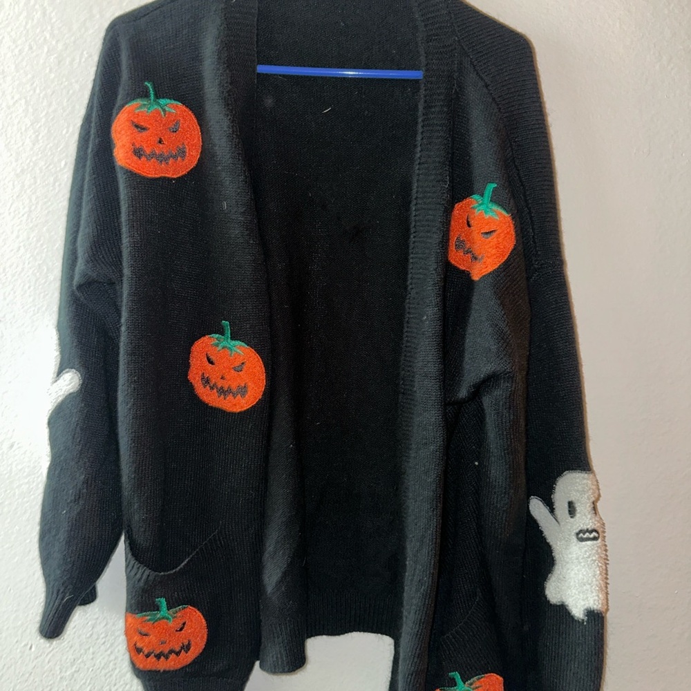 Black Halloween Cardigan with Pumpkin and Ghost Design